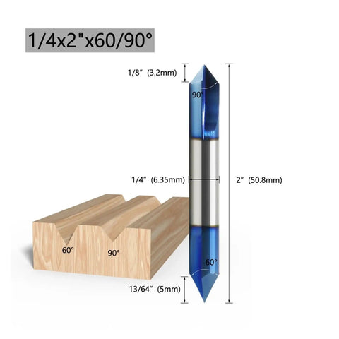 Heavy Duty 1/4 Inch Carbide Router Bit With Solid Nano Blue Coating For Angled V Groove And Chamfering On Hardwood And MDF Smooth High Speed Carving, detailed dimensions and angles shown.