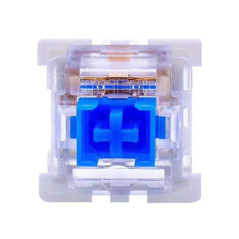 Close-up of Blue 3 Pin Clicky Tactile Mechanical Keyboard Switch with dustproof design, Cherry MX compatible, RGB ready.