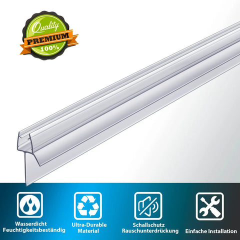 Two Pack Frameless Shower Door Bottom Seals With Long Sweep Fits One Quarter Inch Thick Glass Stops Leaks And Creates A Clear Water Barrier Easy Install For Glass Shower Doors Keeps Water In Check Thirty Six Inches Long, showing clear vinyl material and installation icons.