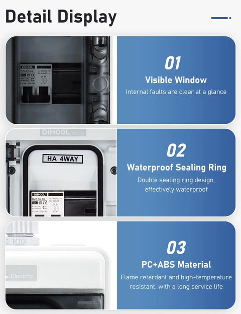 Outdoor Breaker Box 15 Amp Miniature Circuit Breaker With DIN Rail Enclosure Solar Disconnect Switch IP65 Waterproof DC 12 to 500V AC 90 to 480V, features visible window, waterproof sealing ring, and PC+ABS material.