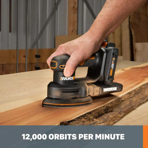 Cordless Detail Sander 20V Power Share Tool Only, Lightweight Palm Sander with 13000 OPM in use on wooden surface