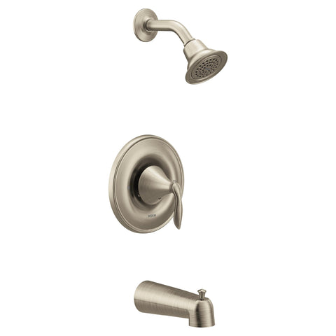 Brushed Nickel Posi-Temp Tub And Shower Trim Kit Without Valve For M-Pact System with showerhead and spout, cool modern finish