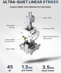 Ultra-Quiet Linear Strikes custom switch design with extended spring, gold-plated pins, and intricate mechanical parts.