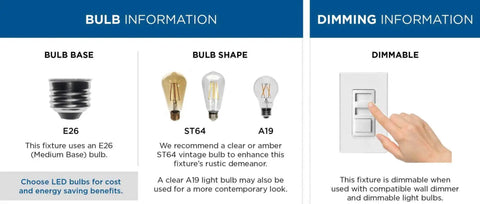 Bulb and dimming information for Two Light Flush Mount Ceiling Light From Medal Collection, showing E26 base, bulb shapes, and dimmable feature.