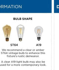 Bulb information showing E26 base, ST64 and A19 bulb shapes, dimmable feature for compatible dimmer and bulbs.