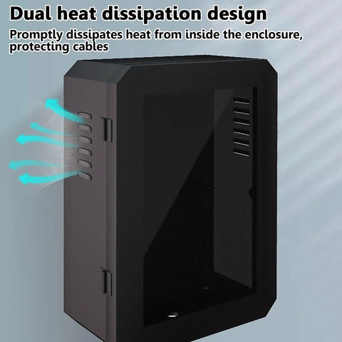 Wall Mount EV Charger Protector Box Waterproof Security Enclosure With Combo Lock Black Shell featuring dual heat dissipation design.