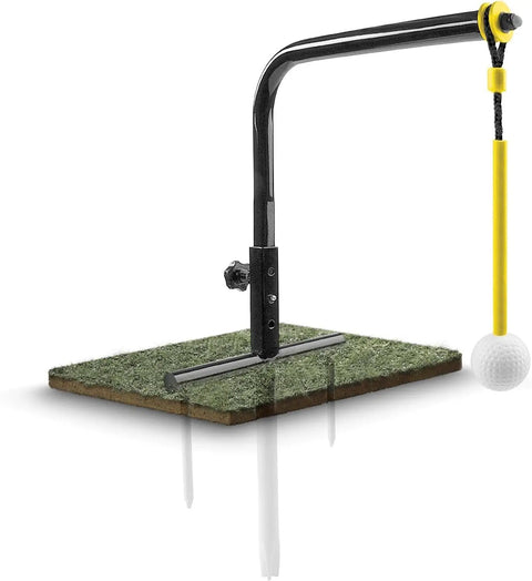 Pure Path Golf Swing Trainer Yellow Large, swing arm with ground stakes and ball for immediate swing path feedback, durable material.