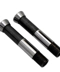 The Ultimate Four Pc Universal Grinder Collet Set Includes One Half Inch Three Eighths One Fourth And One Eighth Inch Multi Function Sharpener Chuck With Secure Spring Clips For Rock Solid Performance On All Drills with two black and silver grinder collets.