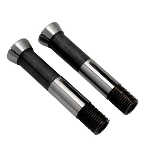 The Ultimate Four Pc Universal Grinder Collet Set Includes One Half Inch Three Eighths One Fourth And One Eighth Inch Multi Function Sharpener Chuck With Secure Spring Clips For Rock Solid Performance On All Drills with two black and silver grinder collets.