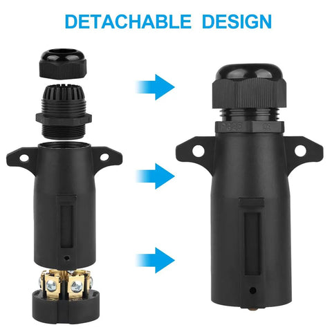 7 Pin Trailer Plug With Waterproof Seal 7 Way Round RV Style Wiring Replacement Plug Adapter, detachable components shown.