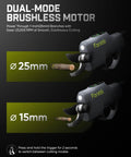 Y10 Pro Cordless Electric Pruning Shears with brushless motor cutting branches at 25mm and 15mm.