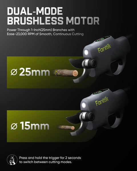Y10 Pro Cordless Electric Pruning Shears with brushless motor cutting branches at 25mm and 15mm.