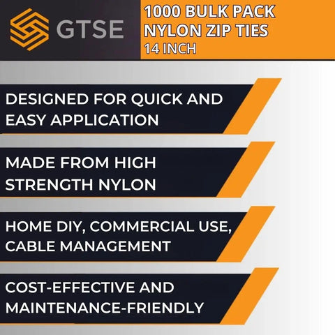 14 Inch UV Resistant Nylon Zip Ties 1000 Bulk Pack features and benefits chart.