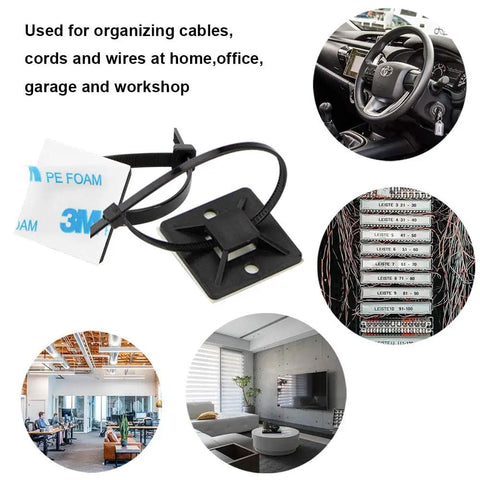 Three Quarters Inch Black Cable Zip Tie Mounts With Adhesive Backing for Home and Office Cable Management