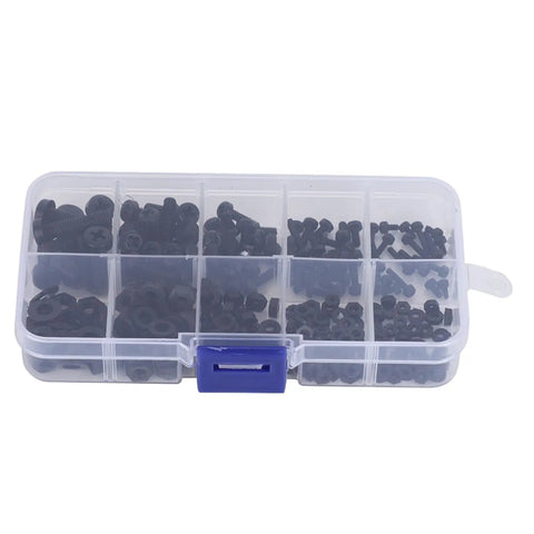 Rock Solid 270pc Nylon Screw Nut Washer Assortment Kit With M4 And M5 Threaded Plastic Fasteners Perfect For Tough DIY Repairs Electronics Projects And Hardware Jobs That Need Heavy Duty Durability. Clear organizer box with black nylon screws, nuts, and washers