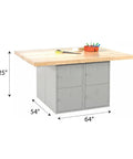 Heavy Duty Eight Locker Workbench With Thick Hardwood Top And Solid Steel Frame Rugged Sixty Four Inch Shop Table dimensions with storage lockers.