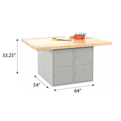 Heavy Duty Eight Locker Workbench With Thick Hardwood Top And Solid Steel Frame Rugged Sixty Four Inch Shop Table dimensions with storage lockers.