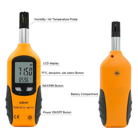 Front and back view of Beast All In One Digital Psychrometer Thermometer And Humidity Meter with yellow display for home use.