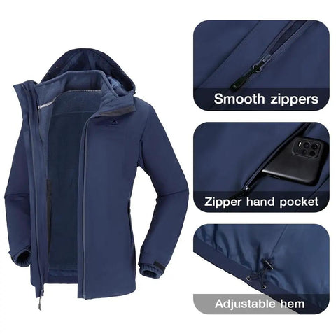 3 In 1 Winter Ski Jacket With Fleece Liner, Waterproof Outer Shell And Windproof Inner Layer, features smooth zippers and zipper hand pocket.