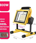 JUDYSSY 800W Led Rechargeable Floodlight Waterproof Outdoor Emergency Led External Projector Spotlight Searchlight Strong Portable Light for Court,Garden,Warehouse Floo，800w Floodlight showing dimensions and features with yellow and black design.