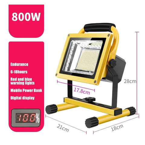 JUDYSSY 800W Led Rechargeable Floodlight Waterproof Outdoor Emergency Led External Projector Spotlight Searchlight Strong Portable Light for Court,Garden,Warehouse Floo，800w Floodlight showing dimensions and features with yellow and black design.