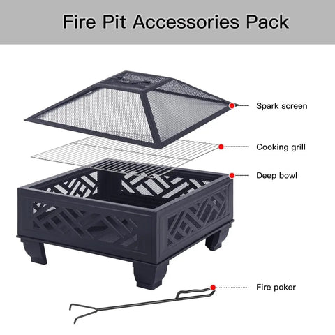 26 Inch Wood Burning Fire Pit With Cooking Grill And Spark Screen, Heavy Duty Steel Outdoor Firepit Accessories Pack