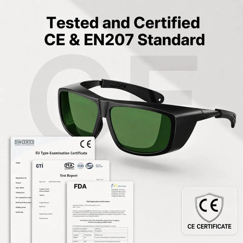 Shop Ready Laser Safety Glasses Featuring Od6 Plus And Od7 Plus Filters with CE and FDA certification papers displayed.