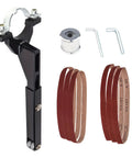 Heavy Duty Belt Sander Attachment Bracket Compatible With 100Mm And 125Mm Angle Grinders kit with black steel frame and six grit belts.