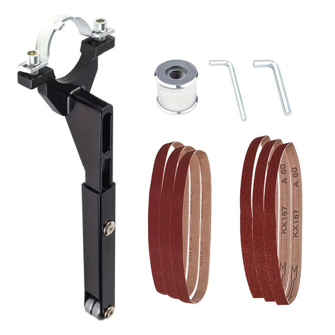 Heavy Duty Belt Sander Attachment Bracket Compatible With 100Mm And 125Mm Angle Grinders kit with black steel frame and six grit belts.