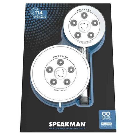 Dual Shower Head With Six Spray Modes, Polished Chrome, 2.5 GPM Water Saving Flow in packaging