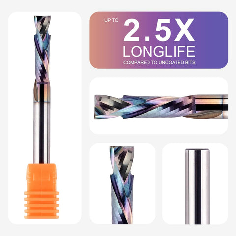 5-piece TAC-coated compression spiral router bit set with 1/4 in shanks; colorful carbide end mills collage