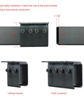 Close-up of 12Ft Black Sliding Barn Door Hardware Kit track connector and ceiling bracket, exterior box track view.