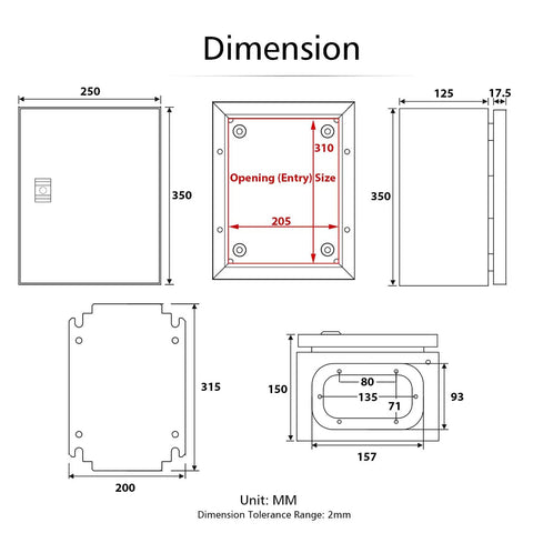 Dimensions of Rock Solid Lockable Metal Electrical Junction Box With IP65 Weatherproof Cover, showcasing size and entry openings.