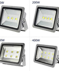 Hella Bright 300W LED Floodlights 10 Pack 3 Year Warranty Top Shelf Outdoor Spotlight Bulbs with silver casing for outdoor use.