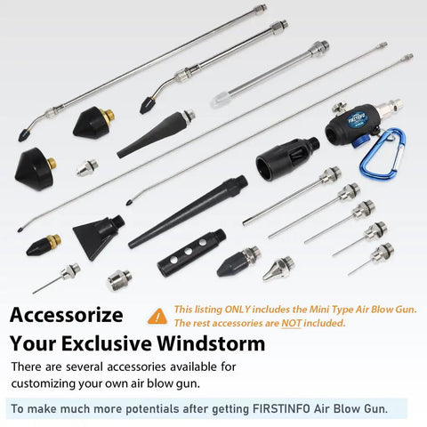 Accessory set for Compact Plastic Air Blow Gun with high flow nozzle and adjustable flow for electronics and workshop use.