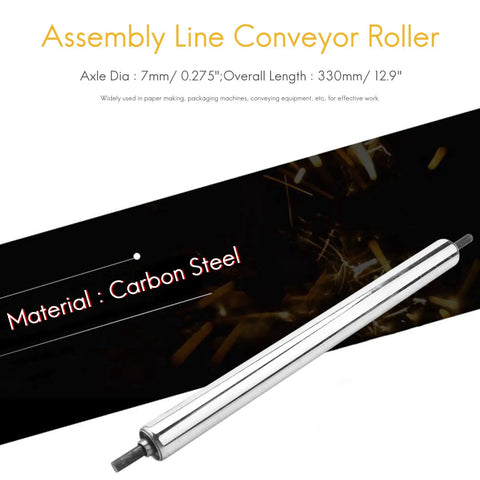 Carbon Steel Conveyor Roller 25mm x 300mm For Assembly Line Use Silver Heavy Duty Industrial Roller With 7mm Axle 330mm Overall Length For Smooth Material Handling, shown angled