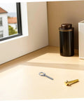 Stainless Steel M10x60 Eyebolt Kit With Nuts And Washers For Concrete Anchors Includes Flat Washer And Spring Washer Heavy Duty Threaded Eye Bolts For Rock Solid Vibration Resistant Secure Fastening, silver eyebolt and gold bolt on tabletop