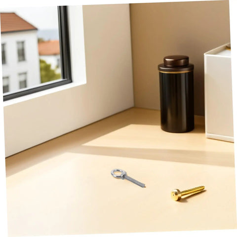 Stainless Steel M10x60 Eyebolt Kit With Nuts And Washers For Concrete Anchors Includes Flat Washer And Spring Washer Heavy Duty Threaded Eye Bolts For Rock Solid Vibration Resistant Secure Fastening, silver eyebolt and gold bolt on tabletop