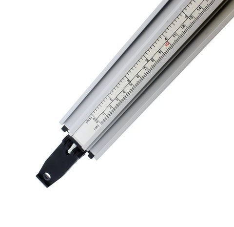 Dead On Aluminum Straight Edge Guide For Table Saw And Router Jig With Heavy Duty Grip Clamp and 24 Inch Fence top view with ruler.