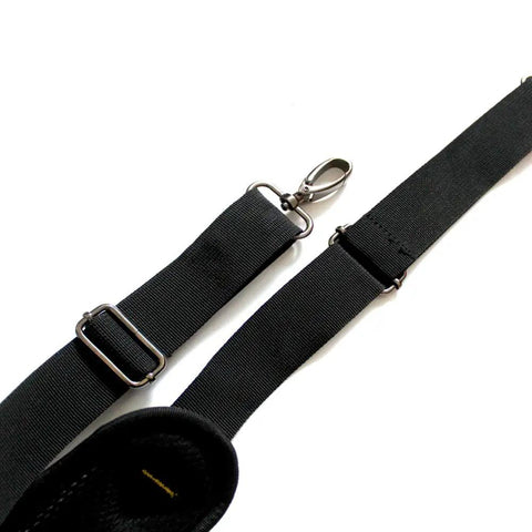 Close-up of black Padded Tool Belt Suspenders Three Point Support With Three Pack Loops, showing adjustable shoulder clips and nickel plated steel hook.