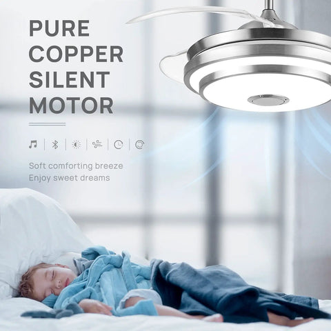 42 Inch Modern Retractable Ceiling Fan With Remote And Smart Bluetooth App Control Dimmable RGB Lights 6 Speeds And Timers 30 Degree Mount For Bedroom Living Room Patio Nickel Finish shown above a sleeping child