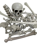 Realistic Skeleton Bones 28 Piece Halloween Prop Set with skull, hands, spine, ribs arranged in a pile of lightweight plastic bones