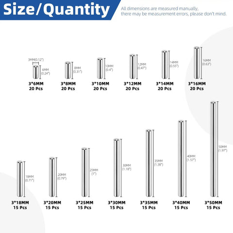 225-Piece M3 Solid Dowel Pins Set in Stainless Steel, 13 sizes shown with dimensions for machinery and furniture assembly.