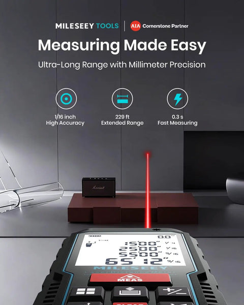 Digital Laser Tape Measure With 229 Ft Range And A Slick Upgraded Electronic Angle Sensor Dope Distance Accuracy Real Time Angle Display Area Volume And Pythagoras Calculations Backlit 2 Inch LCD Quiet Operation Battery Included with laser pointing and measurements on display.