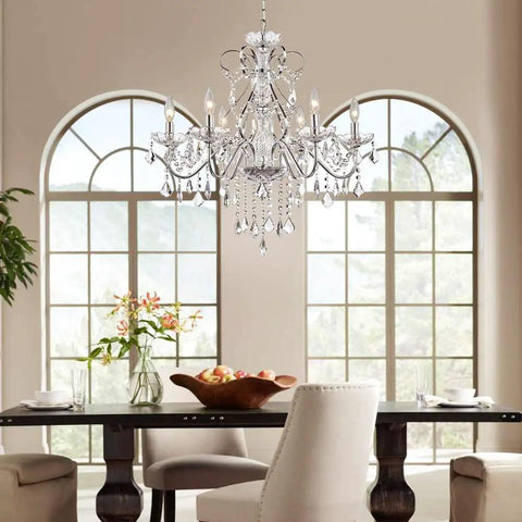 6 Light Crystal Chandelier With Chrome Finish Pendant Lighting For Dining Room Bedroom Living Room Raindrop Style LED Ready