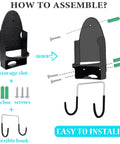 Assembly guide for wall mounted ironing board rack with iron holder, including screws, anchors, and flexible hook for easy installation.