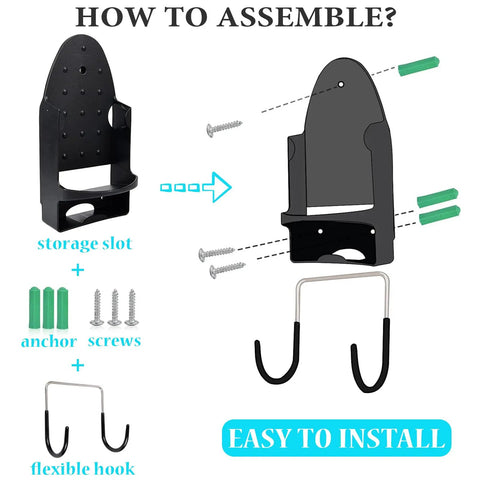 Assembly guide for wall mounted ironing board rack with iron holder, including screws, anchors, and flexible hook for easy installation.
