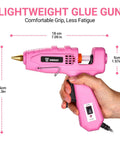 Full Size Dual Temp Hot Glue Gun Kit With 60 100W Heat Up In Minutes Built For Tough Jobs Includes 25 Glue Sticks Storage Case Heavy Duty Glue Gun Tool Set For Home Repair Arts And Crafts DIY Projects Pink in hand showing size dimensions.