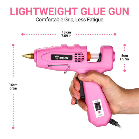 Full Size Dual Temp Hot Glue Gun Kit With 60 100W Heat Up In Minutes Built For Tough Jobs Includes 25 Glue Sticks Storage Case Heavy Duty Glue Gun Tool Set For Home Repair Arts And Crafts DIY Projects Pink in hand showing size dimensions.