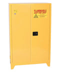 Straight Up Hella Sturdy 45 Gallon Tower Safety Cabinet, yellow steel, solid double doors, for industrial fluid storage.